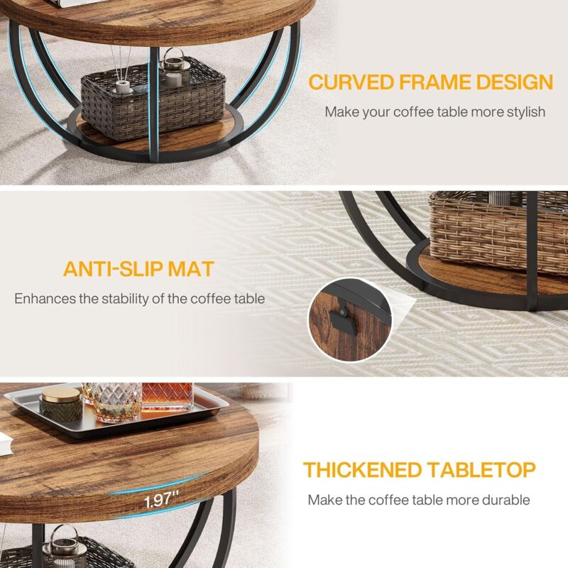 Tribesigns Table Basse Ronde Industrielle 79 Cm – 2 Niveaux Avec Étagère Rangement, Pieds Métal Noirs