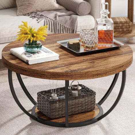 Tribesigns – Table basse ronde industrielle 80,5 cm – 2 niveaux avec étagères de rangement – Bois marron rustique pour salon et bureau