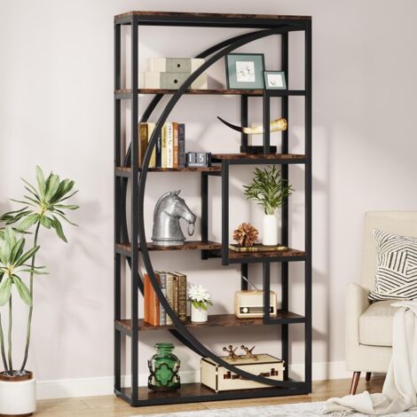 Tribesigns – Bibliothèque industrielle 180 cm à 5 niveaux – 8 étagères ouvertes – Design géométrique brun rustique – Pour bureau et salon