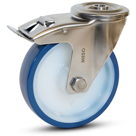 Roulette pivotante freinée - MESO - PU bleu inox - Trou taraudé - 125mm - 220kg (1/2)