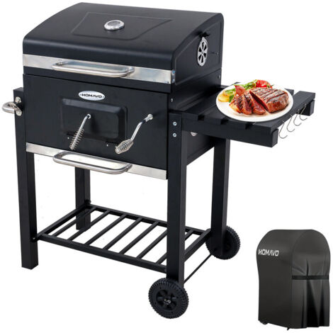 HOMAVO Barbecue Charbon de Bois, Surface de Cuisson: 56×42,5 cm, Bac à Charbon Réglable en Hauteur, Table Latérale Pliante, Thermomètre, Housse Barbecue Incluses