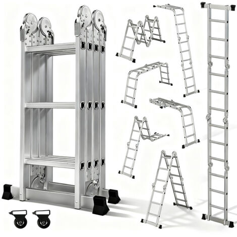 OUTIGO Échelle Multifonction Pliante, 4 x 3 en Aluminium échelle 7 en 1, jusqu'à 150 kg,Échelle Téléscopique, Échelle Pliante, Escabeau Pliant, Bricolage Peinture Toiture