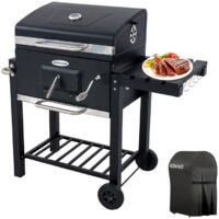 HOMAVO Barbecue Charbon de Bois, Surface de Cuisson: 56×42,5 cm, Bac à Charbon Réglable en Hauteur, Table Latérale Pliante, Thermomètre, Housse Barbecue Incluses