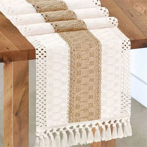 FANSU Runner da Tavola Moderno, Fatto a Mano Cotone e Lino con Nappe Decorazione Nordico Semplice Classico per Tavolo Lungo Decorazioni per la Casa, Matrimonio,Feste (33×220cm,Conchiglia