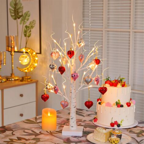 Efunly Confezione da 2 decorazioni per San Valentino con albero di betulla illuminato con ornamenti a forma di cuore, luce a batteria albero artificiale per la casa decorazione interna camera da