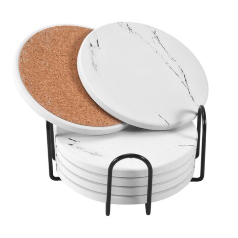 Sottobicchieri In Ceramica Set Da 4 Con Foglie Tropicali E Bradipi - Fondo In Sughero Antiscivolo E Assorbente - Diametro 10,3 Cm - Regalo Ideale Per La Casa