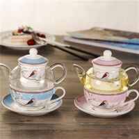 Flisdtry Teiera in ceramica con fiori e uccelli, piattino in