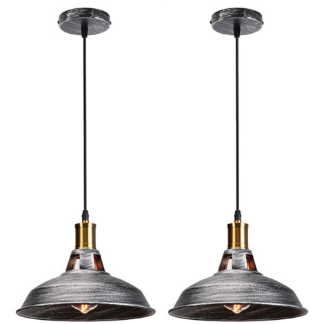 Lot de 2 Lustre Suspension Industrielle Vintage E27 LED Lampe Plafonniers Retro Abat-jour pour Cuisine Salle à manger Salon Chambre Restaurant, Argenté (1/5)