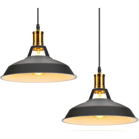 Lot de 2 Suspension luminaire industrielle vintage en métal, Lustre abat-jour éclairage intérieur 27cm pour salon chambre cuisine bar - Noir blanc