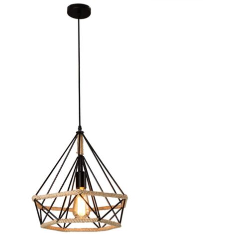 Stoex – Lustre suspension industrielle 25cm en forme de diamant – Corde de chanvre noir – Hauteur 25cm – Tension 110-220V – Source E27
