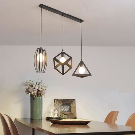 Stoex – Lustre suspension 3 lampes noir – Design industriel rétro – Abat-jour métal E27 – Longueur 50 cm pour cuisine et bar