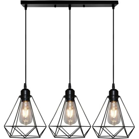 Suspension Cage forme Diamant Contemporain Lampe Plafonnier Corde Ajustable Luminaire Lustre pour Cuisine Couloir Noir