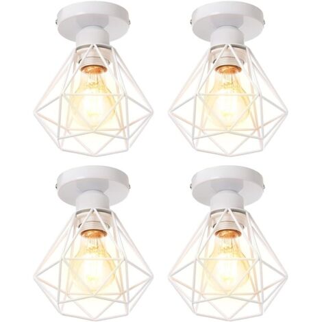 4x Plafonnier stoex luminaire industriel vintage design rétro cage diamant en fer forge, Lampe de plafond métal E27 pour cuisine salon chambre (Blanc)