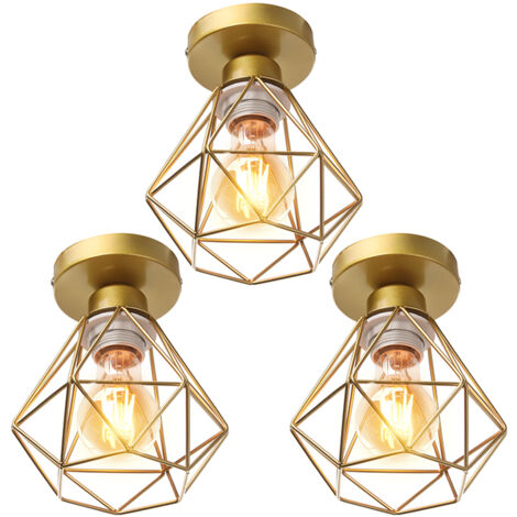 STOEX 3pcs Plafonnier Industriel en Métal, Suspension Luminaire Style Vintage Design forme Cage Diamant Rétro pour Salon Chambre Salle à manger - Or