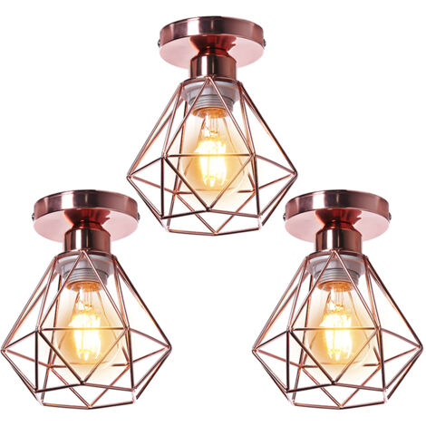 STOEX 3pcs Plafonnier Industriel en Métal, Suspension Luminaire Style Vintage Design forme Cage Diamant Rétro pour Salon Chambre Salle à manger - Or rose