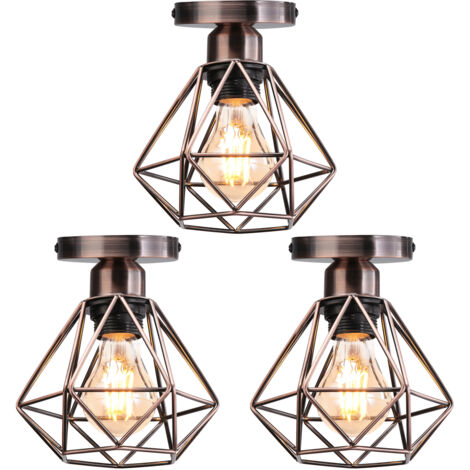 STOEX 3pcs Plafonnier Industriel en Métal, Suspension Luminaire Style Vintage Design forme Cage Diamant Rétro pour Salon Chambre Salle à manger - Laiton rouge