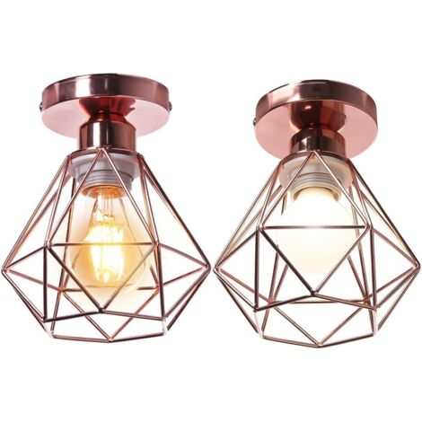STOEX Lot de 2 Plafonnier industrielle vintage design rétro cage en métal fer forge, Suspension luminaire E27 lampe de plafond diamant Ø16cm - Or rose