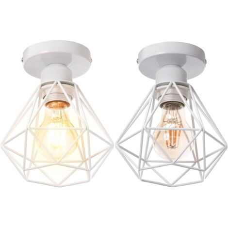STOEX Lot de 2 Plafonnier industrielle vintage design rétro cage en métal fer forge, Suspension luminaire E27 lampe de plafond diamant Ø16cm - Blanc