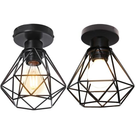 STOEX Lot de 2 Plafonnier industrielle vintage design rétro cage en métal fer forge, Suspension luminaire E27 lampe de plafond diamant Ø16cm - Noir
