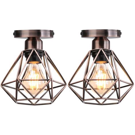 STOEX Lot de 2 Plafonnier industrielle vintage design rétro cage en métal fer forge, Suspension luminaire E27 lampe de plafond diamant Ø16cm - Laiton rouge