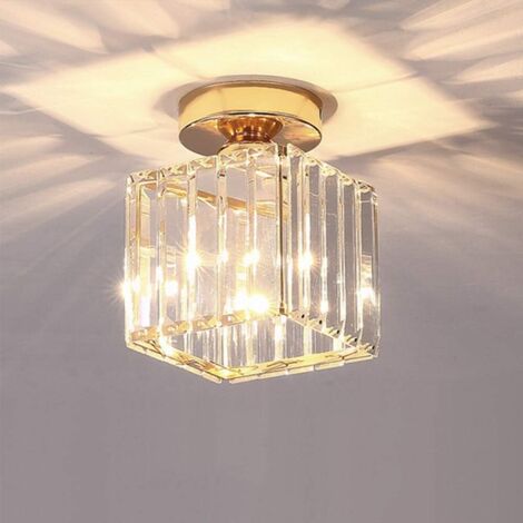 Stoex – Plafonnier carré en cristal et métal LED – Douille E27 – 14 cm x 17 cm – Finition dorée pour chambre, salon, cuisine, salle à manger