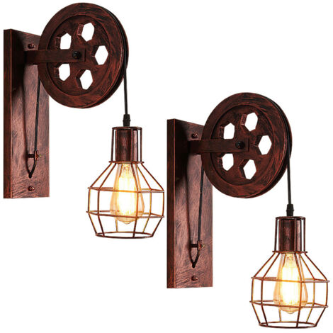 2x Applique Murale Industrielle Poulie Vintage Lampe de Mur Luminaire Intérieur pour Chambre Salon Restaurant,Rouille Rouge
