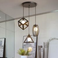 Stoex – Suspension industrielle rétro cage – Lustre abat-jour vintage E27 noir – Dimensions cube 22x28cm, triangle 25x22cm, tambour 14.5x24.5cm – Tension 110-220V