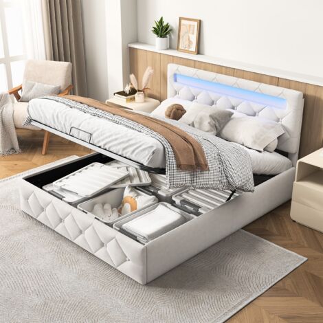 Letto contenitore 140x200 cm, con illuminazione LED regolabile, funzione di ricarica USB, inserti con bottoni, contenitore idraulico, velluto, rete a doghe - Albicocca