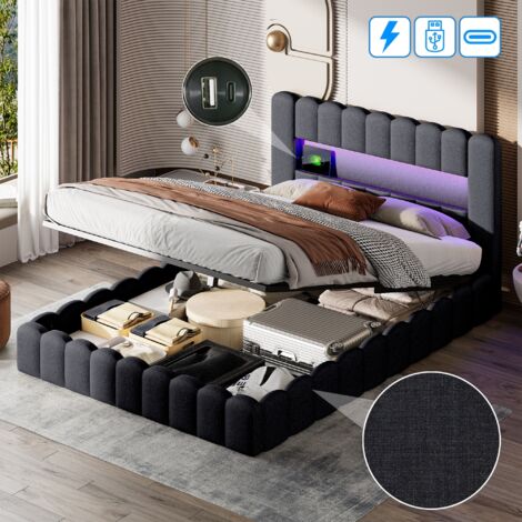 KeepGoon letto matrimoniale sospeso 140 x 200 cm, Letto imbottito con illuminazione a LED e 2 USB, telaio del letto con rete a doghe,in tessuto di lino delicato sulla pelle (grigio
