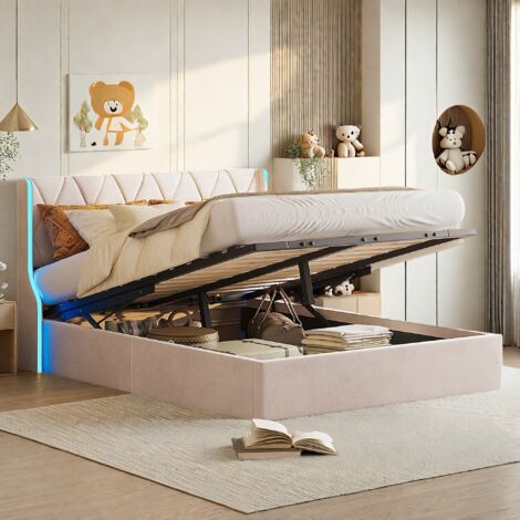 Letto matrimoniale contenitore 140x190 cm, con illuminazione a LED, ampio spazio contenitivo, rete a doghe, velluto, adatto per adulti e ragazzi - Beige