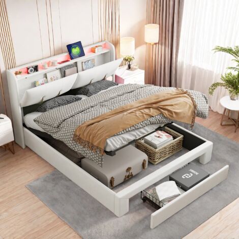 Letto contenitore 160x200 cm, con testiera LED, contenitore nascosto, ricarica USB e Type-C, cassetti, rete a doghe, letto imbottito in velluto - Beige