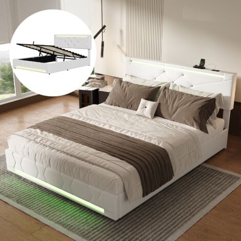 Struttura Letto 140x190 Cm Con Testiera Imbottita – LED RGB, Prese USB E CA, 2 Cassetti, Bianco, In Metallo