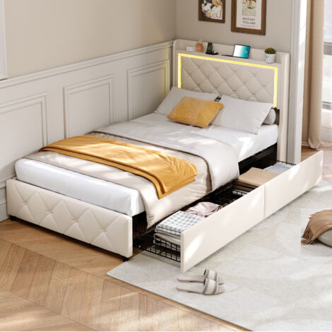 Letto matrimoniale 90x200 cm, letto con cassetti, illuminazione LED, funzione di ricarica USB + Tipo C, velluto, rete a doghe, letto imbottito per adulti - Beige