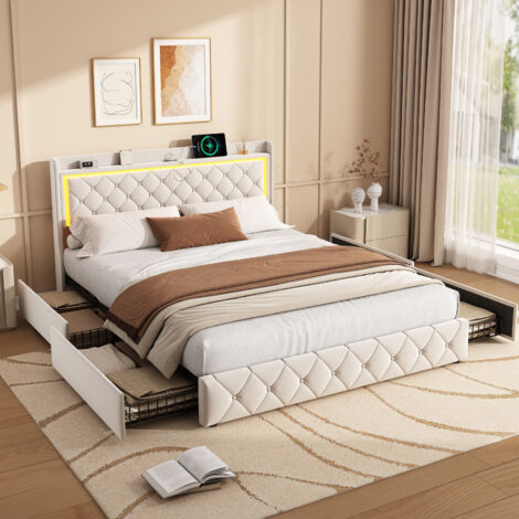 JiaOyu Letto matrimoniale 140 x 200 cm con spazio di archiviazione, funzione di ricarica USB e schienale imbottito, moderno letto imbottito con illuminazione a LED, senza materasso