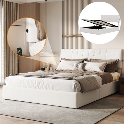 WOBOPCG Letto Matrimoniale 140x190, Letto Contenitore con LED Letto Imbottito una Piazza e Mezza Struttura Letto Matrimoniale con Contenitore Letto per Adolescenti (beige, velluto-1