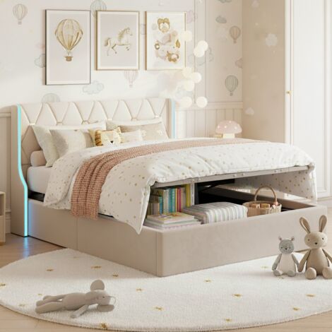 Letto Matrimoniale 140x200 Cm Con Contenitore E Luci LED - Capitonné In Velluto Beige, 4 Cassetti, USB E Type-C