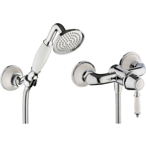 PaulGurkes Retro Duscharmatur Nostalgie Aufputz Dusche Handbrause weiß Vintage