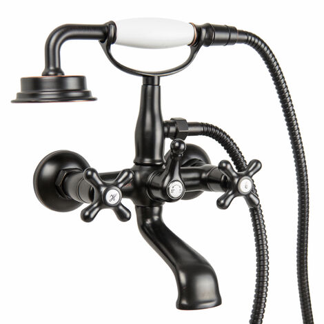 PaulGurkes schwarze Wannenarmatur Retro Aufputz Nostalgie Handbrause Antik (1/5)