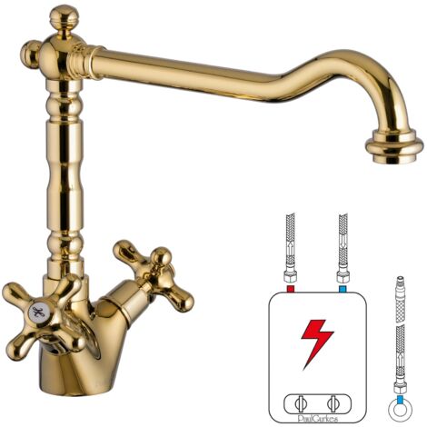 PaulGurkes Niederdruck Retro Küchenarmatur Wasserhahn Spültischarmatur Antik Gold Hochglanz