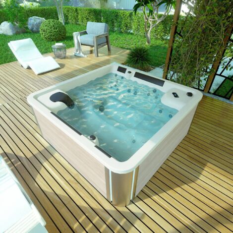 Kinedo – Spa rigide 6 places carré 228x228x94 cm – 32 buses de massage ciblées – Chromothérapie – Pompe 1500 W pour massage puissant