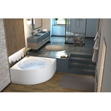 Kinedo - Baignoire Balneo Angle - Otea - Blanc - 140 x 140 cm - Fabrication française - Tête à droite - Avec tablier