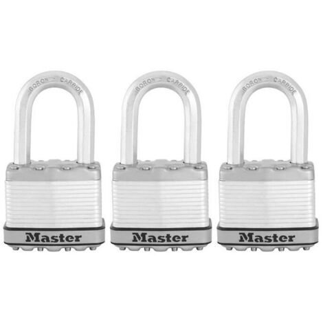 Master Lock – Lot de 3 cadenas à clé – Acier laminé – Double verrouillage – Résistant aux intempéries – Anse 9mm – Sécurité optimale extérieure - M5EURTRILF