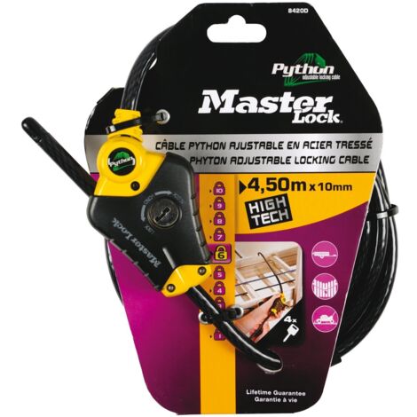 Master Lock – Câble de verrouillage ajustable 450 cm – Acier tressé avec gaine vinyle – Système de verrouillage breveté – 4 clés incluses