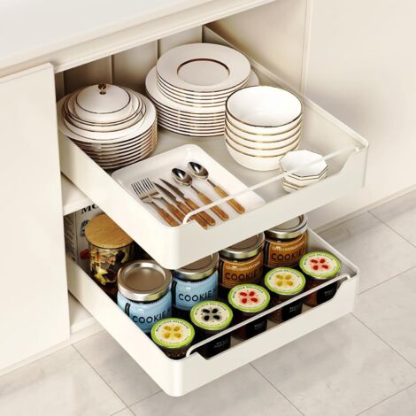 2-teilige Küchenschublade, Teleskop-Küchenregal für Küchenschränke, Wohnzimmer, Zuhause (42 cm B x 30 cm T x 7 cm H), kein Bohren erforderlich, weiß