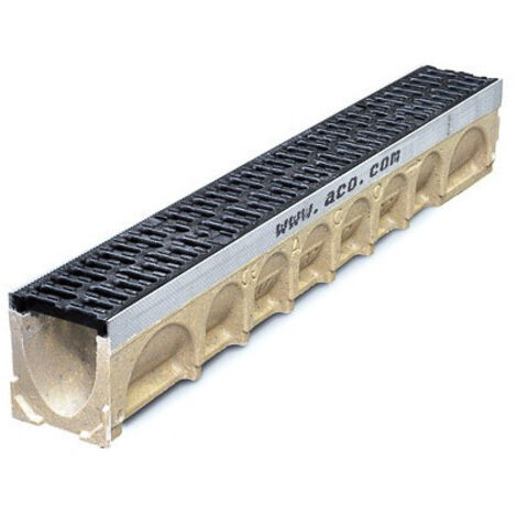 Caniveau d'évacuation Classe D 400 kN – Longueur 1 m – Largeur 13,5 cm – Hauteur 15 cm – Grille en fonte avec fixation Drainlock – ACO - MD100