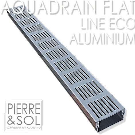 Caniveau de douche plat 100 cm – Grille aluminium 10 cm – Hauteur 5 cm – Capacité 5L/m – Sortie latérale ou inférieure