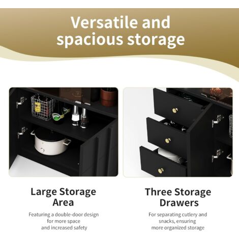 Meuble Rangement Buffet 4 Portes WASAGA 160cm - Noir/Bois, Poignées Or, Fermeture Douce Meuble Rangement Salon Salle à Manger