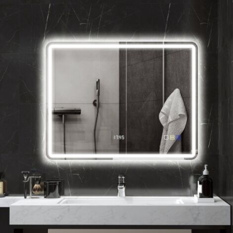 Bluetooth-Miroir-Salle-de-Bain-avec-Eclairage-70x90cm, Miroir-LED-Salle-de-Bain Anti-buée, 3000K-6500K, Dimmable, Mémoire, Verre trempé HD, IP44-Miroir-Salle-de-Bain-Led, Horizontal/Vertical [Classe é (1/5)