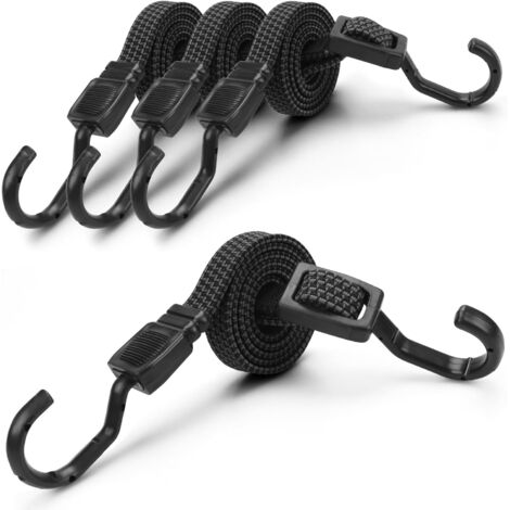 Lot de 4 Tendeurs en Caoutchouc (avec Crochets/Mousqueton) Réglables en Métal Tendeur à Bagages Extra Solide pour Voiture, Vélo, Camping, Voyages -100 cm - Noir (Tendeurs avec Crochets) (1/5)