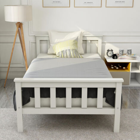Lit en bois, lit simple composé d'un cadre de lit avec sommier à lattes, lit en bois avec tête de lit - 90 x 200 cm, lit d'enfant en bois massif, lit d'adolescent, pin massif, blanc (1/5)